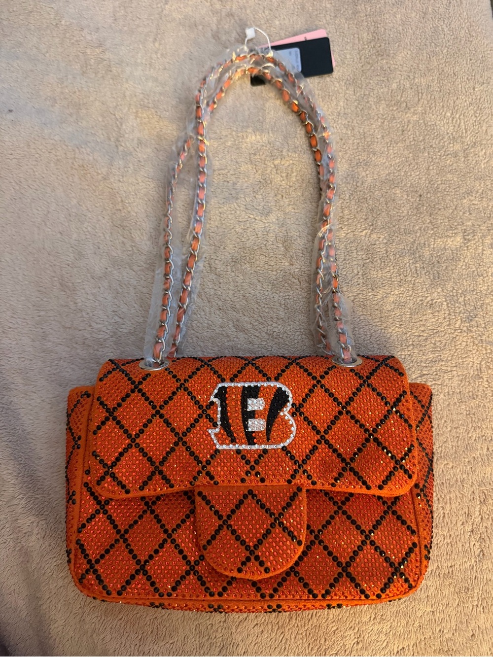 NFL Cincinnati Bengals Orange Quilted Rhinestone Shoulder Bag with Chain Straps